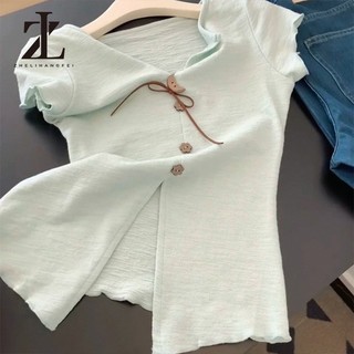 ZHELIHANGFEI Áo thun nữ tay ngắn cổ chữ V màu xanh lá cây phiên bản Hàn Quốc
