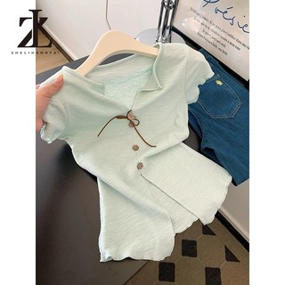 ZHELIHANGFEI Áo thun nữ tay ngắn cổ chữ V màu xanh lá cây phiên bản Hàn Quốc