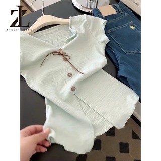 ZHELIHANGFEI Áo thun nữ tay ngắn cổ chữ V màu xanh lá cây phiên bản Hàn Quốc
