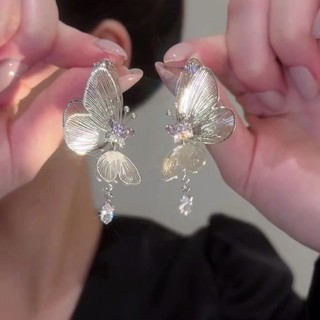 Bông tai hình bướm bạc kim dát zircon, tua dàiflash bắt mắt