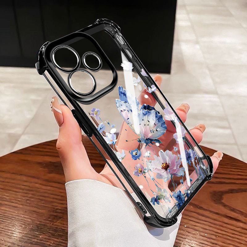 YBD Chống Rơi Bốn Góc Cho OPPO A5 Pro A5X A58 4G 5G Ốp Điện Thoại Trong Suốt INS Phong Cách Hoa Bướm Xanh Cụm Hoa