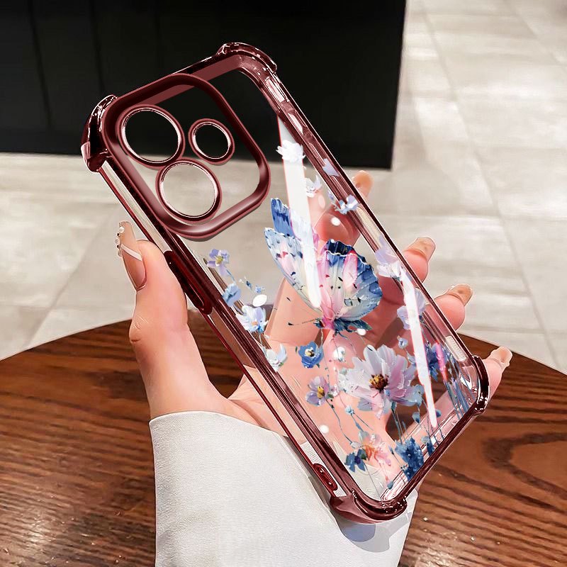 YBD Chống Rơi Bốn Góc Cho OPPO A5 Pro A5X A58 4G 5G Ốp Điện Thoại Trong Suốt INS Phong Cách Hoa Bướm Xanh Cụm Hoa