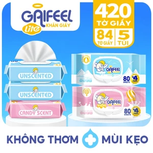 GAIFEEL LITE Khăn lau em bé kẹo không mùi hương 84 tờ khăn lau em bé 5 gói