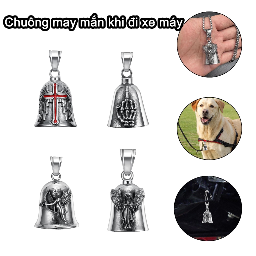 Chuông xe máy phong thủy cổ điển 3D, chuông cầu may mắn, chuông bảo hộ biker, tặng kèm tay người bảo vệ, pomervn