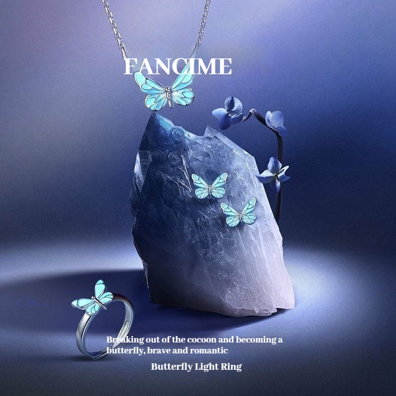 FANCIME "Starlight Butterfly" Dạ Quang Men Bạc Sterling Có Thể Điều Chỉnh Nhẫn Bướm Thời Trang Phong Cách Niche Tối Giản Quà Tặng Sang Trọng Cho Người Phụ Nữ