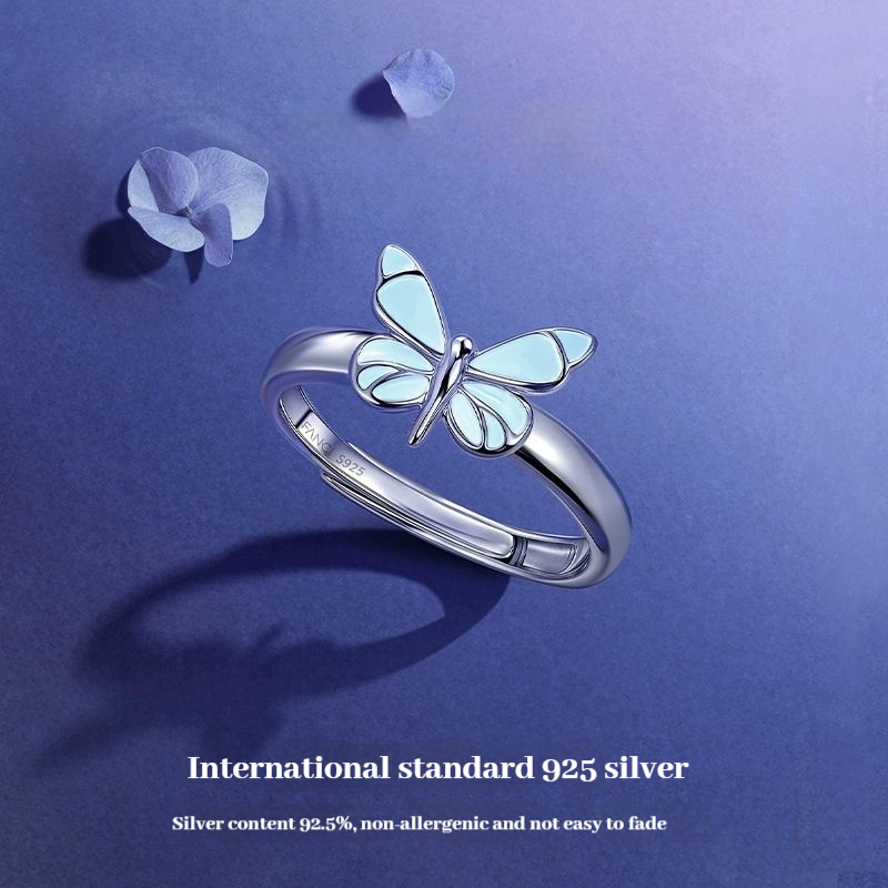 FANCIME "Starlight Butterfly" Dạ Quang Men Bạc Sterling Có Thể Điều Chỉnh Nhẫn Bướm Thời Trang Phong Cách Niche Tối Giản Quà Tặng Sang Trọng Cho Người Phụ Nữ