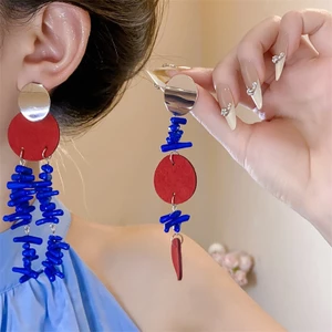 Bông tai thả hình học đỏ xanh, thời trang cho nữ