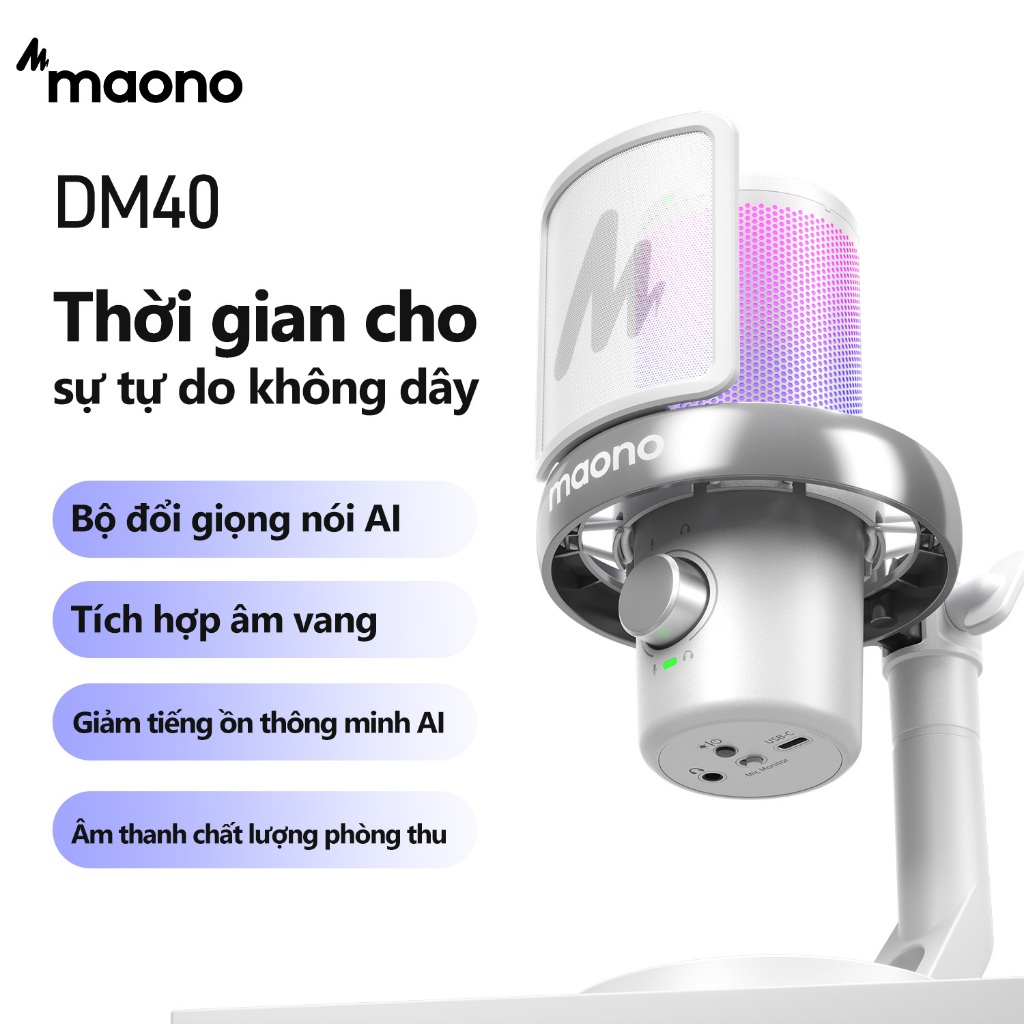Micrô chơi game không dây màu trắng MAONO DM40 Pro Mic USB có phần mềm Thay đổi giọng nói AI, Khử tiếng ồn, Đèn RGB tùy chỉnh cho PC, Điện thoại, Phát trực tuyến, Ghi âm Podcast
