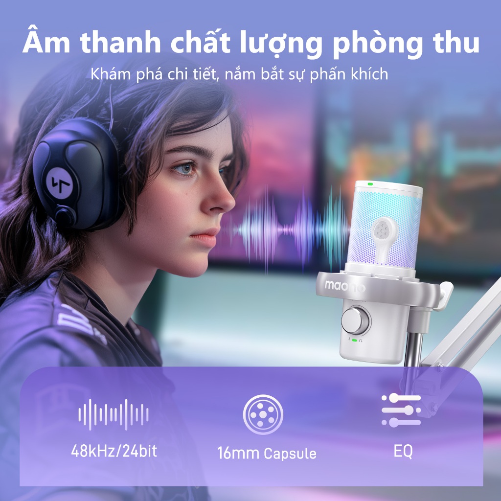 Micrô chơi game không dây màu trắng MAONO DM40 Pro Mic USB có phần mềm Thay đổi giọng nói AI, Khử tiếng ồn, Đèn RGB tùy chỉnh cho PC, Điện thoại, Phát trực tuyến, Ghi âm Podcast