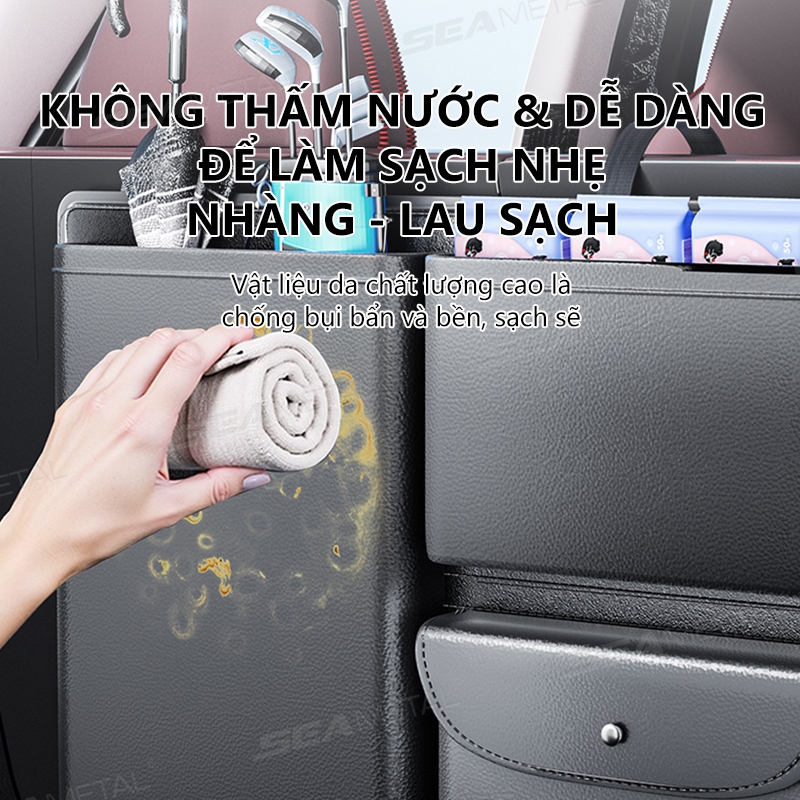 Giá để đồ cốp xe ô tô SEAMETAL dung tích lớn, giá để đồ bằng da cho hàng ghế sau, túi đựng đồ treo ghế sau có thể tháo rời
