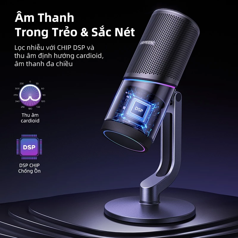 Micro USB UGREEN 7 chế độ Đèn RGB 180° Điều chỉnh theo chiều dọc Mic họa tiết phân cực Cardioid cho chơ game / ghi âm