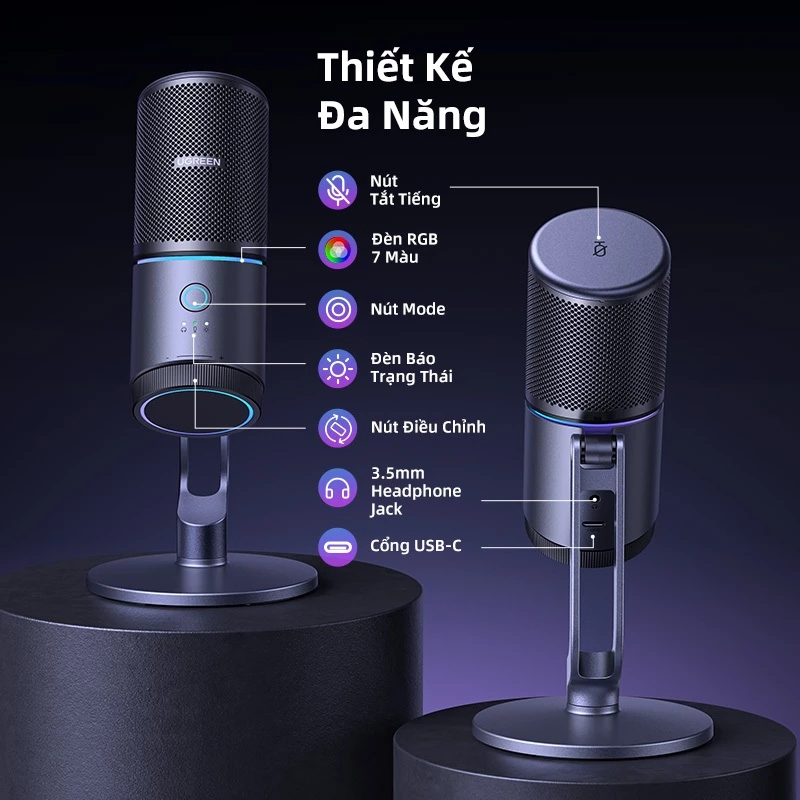 Micro USB UGREEN 7 chế độ Đèn RGB 180° Điều chỉnh theo chiều dọc Mic họa tiết phân cực Cardioid cho chơ game / ghi âm