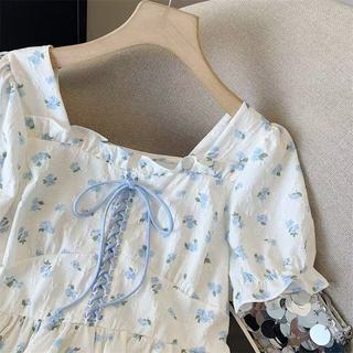 Phong Cách Hàn Quốc Nữ Slim Ruffle Floral Puff Áo Sơ Mi Tay Ngắn