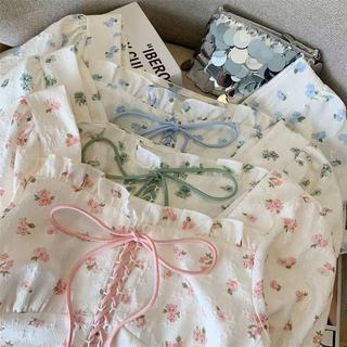 Phong Cách Hàn Quốc Nữ Slim Ruffle Floral Puff Áo Sơ Mi Tay Ngắn