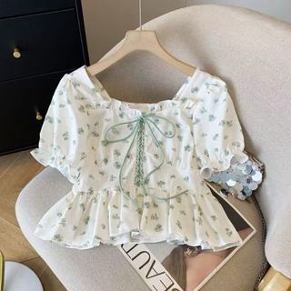 Phong Cách Hàn Quốc Nữ Slim Ruffle Floral Puff Áo Sơ Mi Tay Ngắn