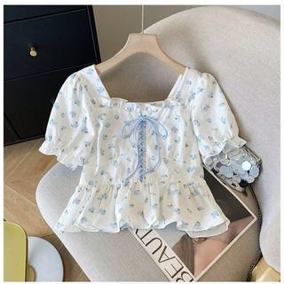 Phong Cách Hàn Quốc Nữ Slim Ruffle Floral Puff Áo Sơ Mi Tay Ngắn