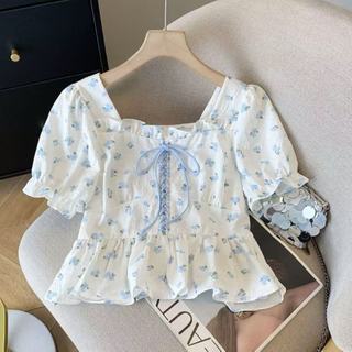 Phong Cách Hàn Quốc Nữ Slim Ruffle Floral Puff Áo Sơ Mi Tay Ngắn