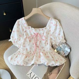 Phong Cách Hàn Quốc Nữ Slim Ruffle Floral Puff Áo Sơ Mi Tay Ngắn