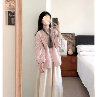 Áo sơ mi dài tay sọc hồng phồng phong cách Hàn Quốc dành cho nữ