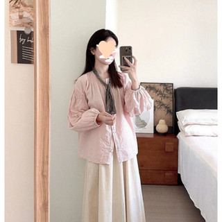 Áo sơ mi dài tay sọc hồng phồng phong cách Hàn Quốc dành cho nữ
