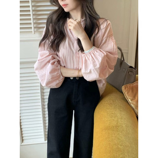 Áo sơ mi dài tay sọc hồng phồng phong cách Hàn Quốc dành cho nữ