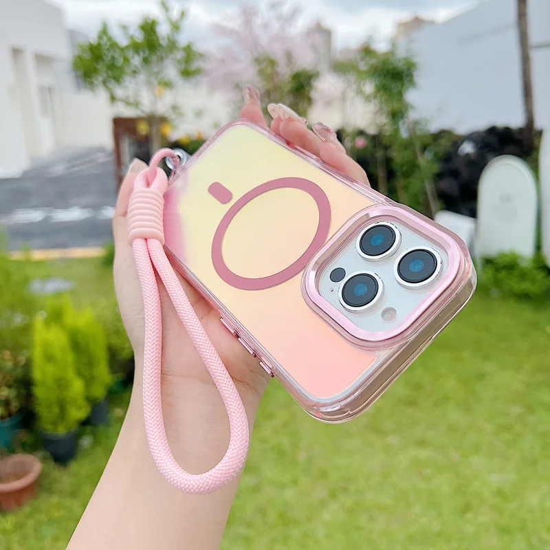 Ốp lưng dây buộc từ tính Laser Gradient thời trang cho iPhone 16 17 Pro Max 15 14 13 Pro Max 16Plus Vỏ chống sốc