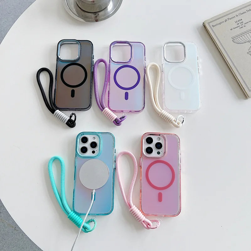 Ốp lưng dây buộc từ tính Laser Gradient thời trang cho iPhone 16 17 Pro Max 15 14 13 Pro Max 16Plus Vỏ chống sốc