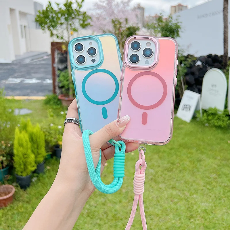 Ốp lưng dây buộc từ tính Laser Gradient thời trang cho iPhone 16 17 Pro Max 15 14 13 Pro Max 16Plus Vỏ chống sốc