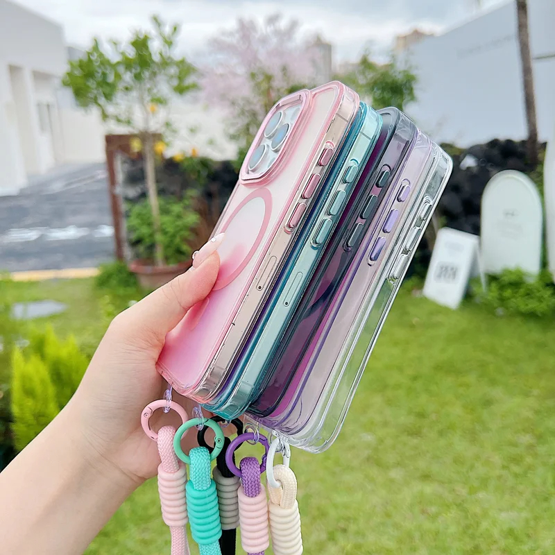 Ốp lưng dây buộc từ tính Laser Gradient thời trang cho iPhone 16 17 Pro Max 15 14 13 Pro Max 16Plus Vỏ chống sốc