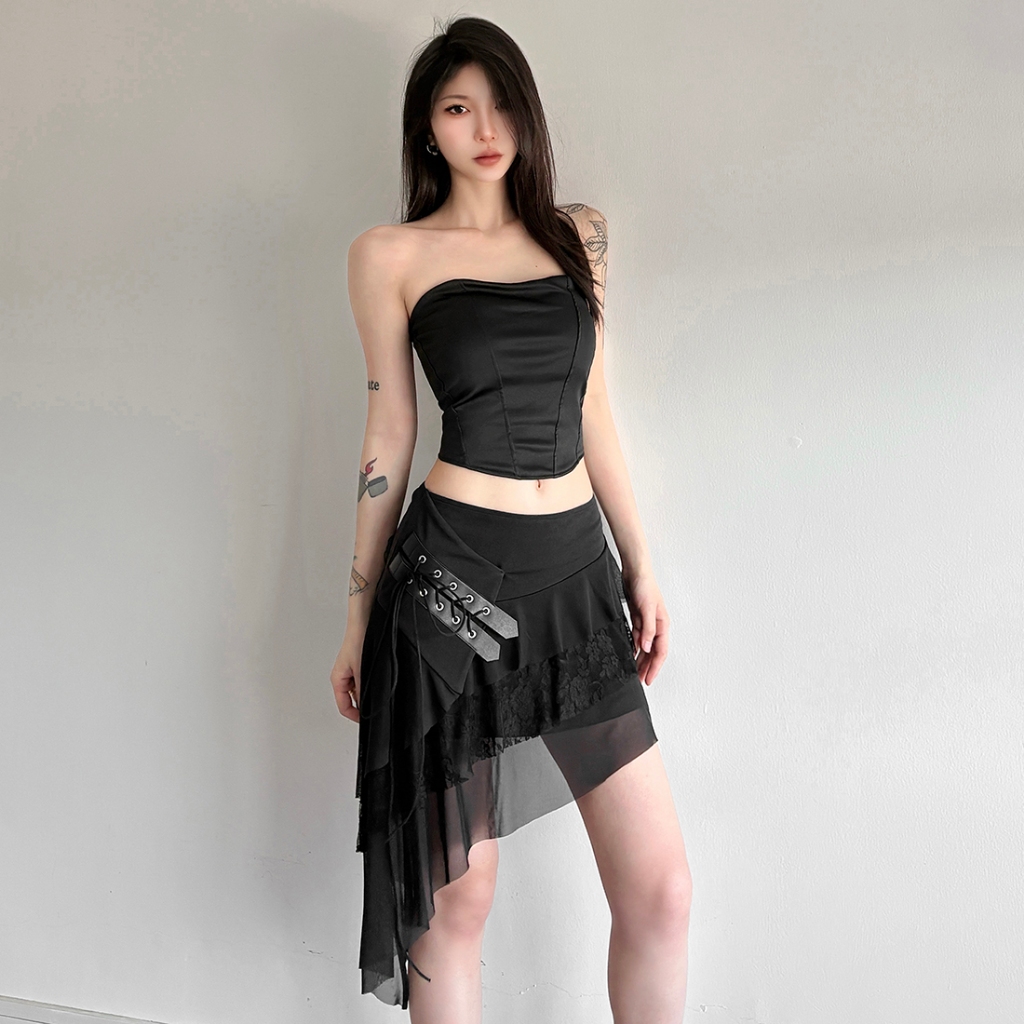 Cutenew Váy Thời Trang Không Đều Cao Cấp Lưới Chắp Vá Xếp Chồng Dây Rút Nữ Mùa Hè Gợi Cảm Hot Chick Phong Cách Đường Phố