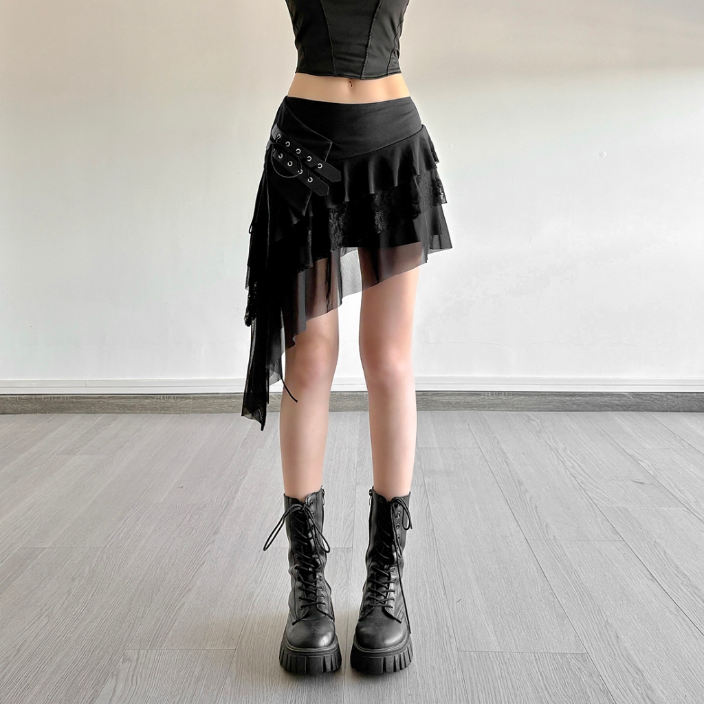 Cutenew Váy Thời Trang Không Đều Cao Cấp Lưới Chắp Vá Xếp Chồng Dây Rút Nữ Mùa Hè Gợi Cảm Hot Chick Phong Cách Đường Phố