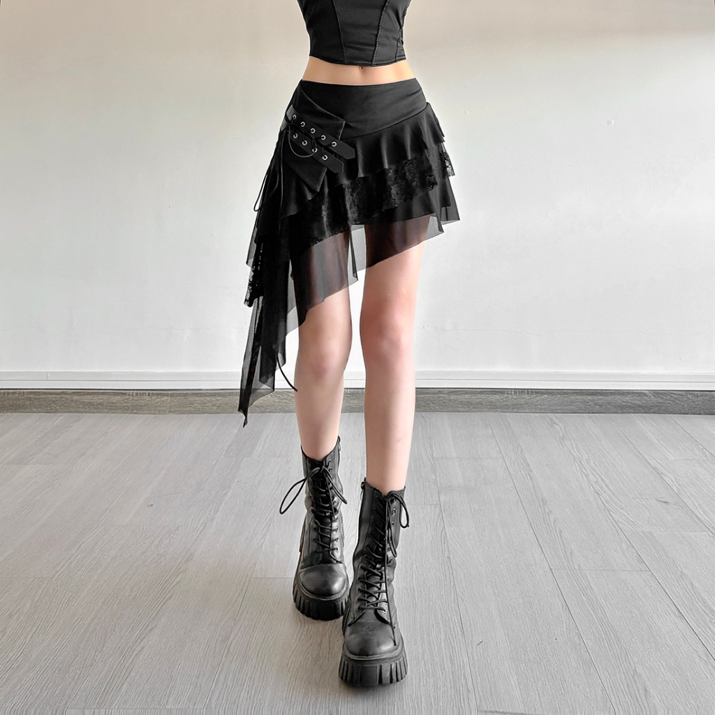 Cutenew Váy Thời Trang Không Đều Cao Cấp Lưới Chắp Vá Xếp Chồng Dây Rút Nữ Mùa Hè Gợi Cảm Hot Chick Phong Cách Đường Phố