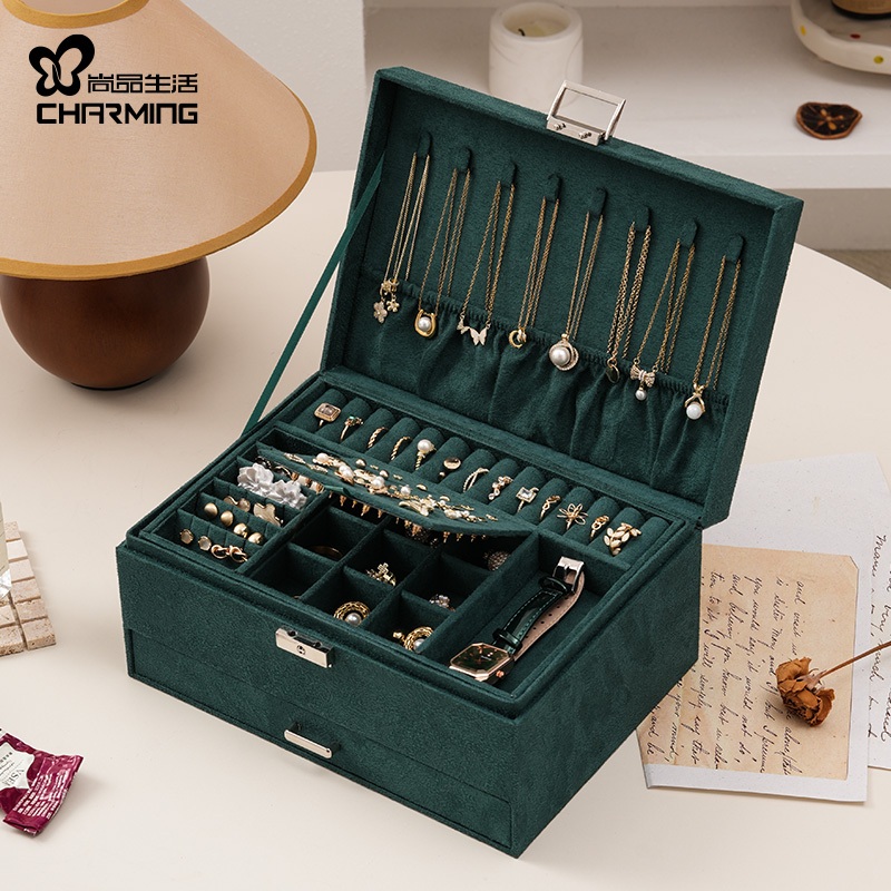CASEGRACE Hộp Trang Sức Nhung Ba Lớp Có Khóa Và Chìa Khóa Vòng Cổ Lớn Hộp Trang Sức Người Tổ Chức Cho Vòng Cổ Bông Tai Hộp Nhẫn