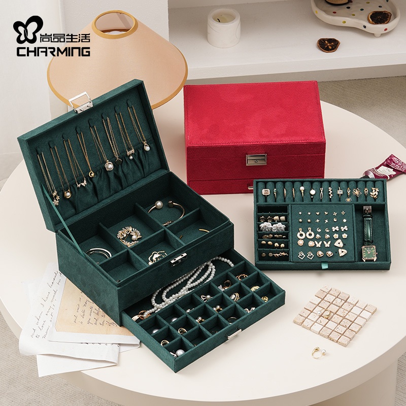 CASEGRACE Hộp Trang Sức Nhung Ba Lớp Có Khóa Và Chìa Khóa Vòng Cổ Lớn Hộp Trang Sức Người Tổ Chức Cho Vòng Cổ Bông Tai Hộp Nhẫn