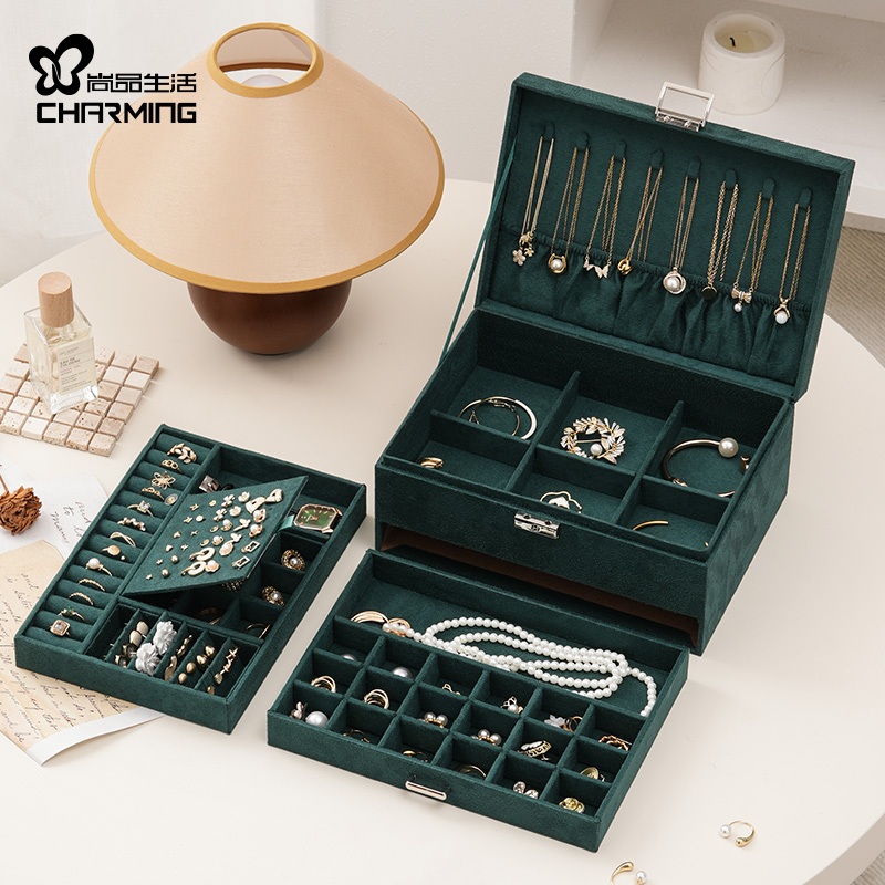 CASEGRACE Hộp Trang Sức Nhung Ba Lớp Có Khóa Và Chìa Khóa Vòng Cổ Lớn Hộp Trang Sức Người Tổ Chức Cho Vòng Cổ Bông Tai Hộp Nhẫn