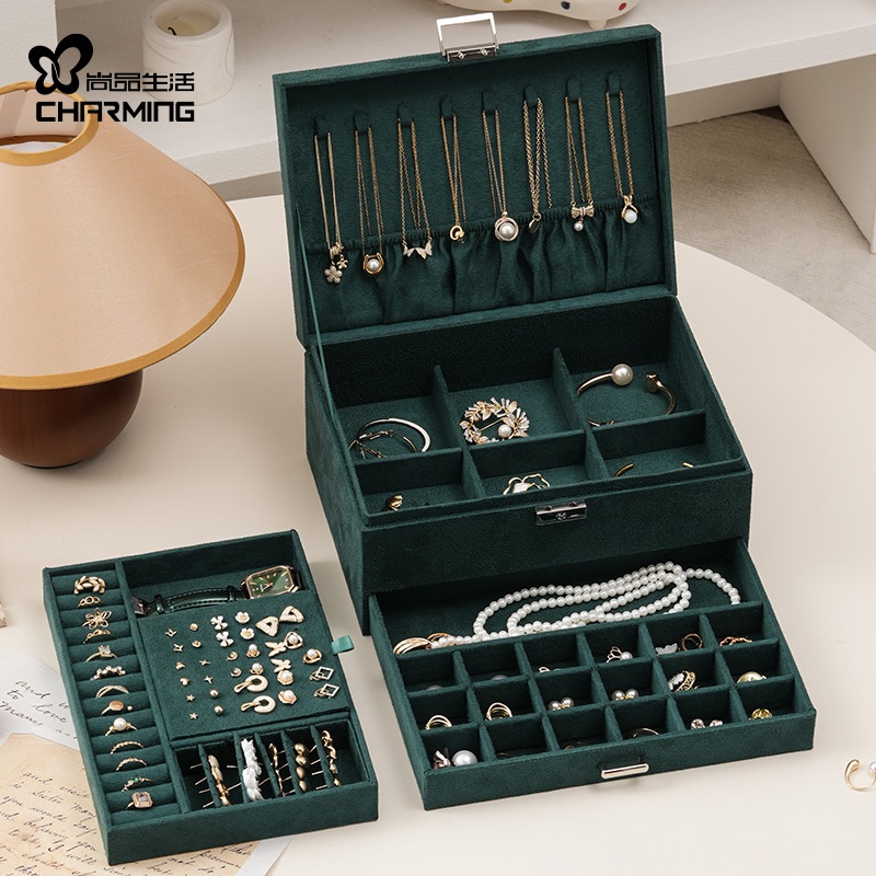 CASEGRACE Hộp Trang Sức Nhung Ba Lớp Có Khóa Và Chìa Khóa Vòng Cổ Lớn Hộp Trang Sức Người Tổ Chức Cho Vòng Cổ Bông Tai Hộp Nhẫn