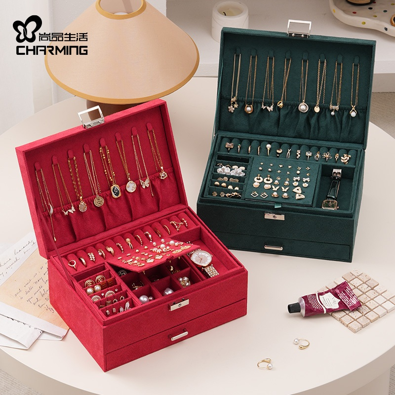 CASEGRACE Hộp Trang Sức Nhung Ba Lớp Có Khóa Và Chìa Khóa Vòng Cổ Lớn Hộp Trang Sức Người Tổ Chức Cho Vòng Cổ Bông Tai Hộp Nhẫn