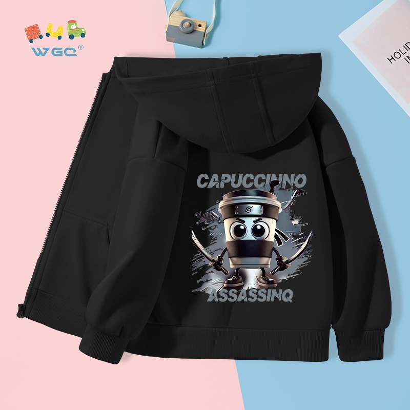 Áo hoodie cho cả bé trai, áo khoác phong cách mùa xuân và mùa thu, mềm mại và thoải mái với in CabucinoAssasino , thích hợp cho mặc trường học