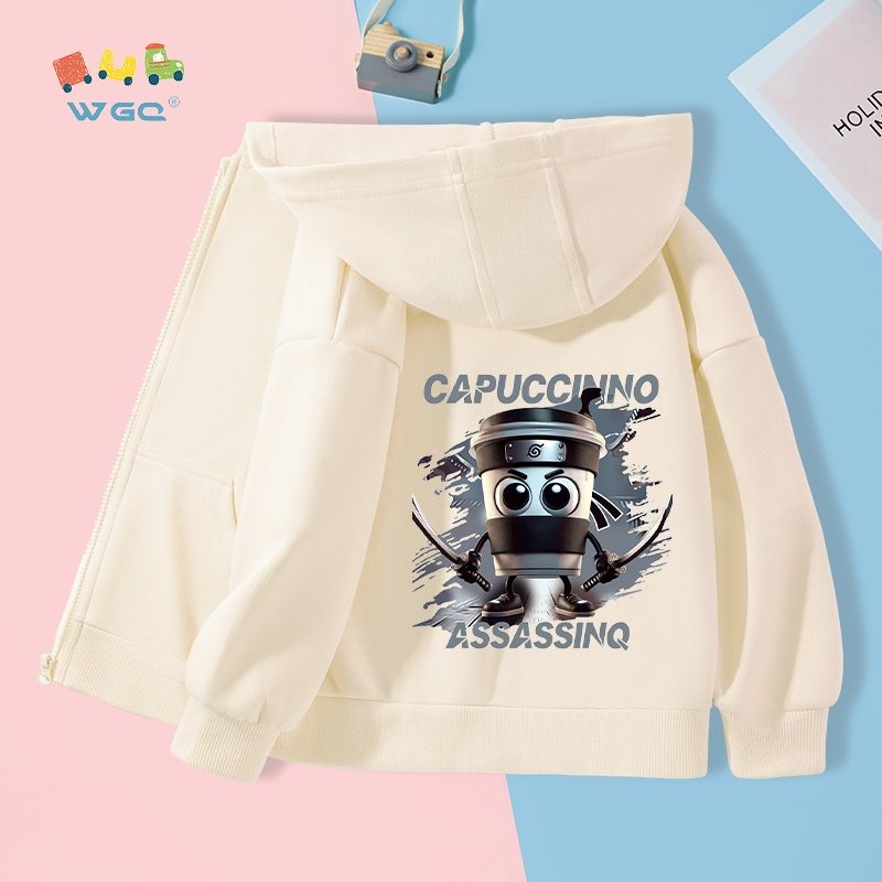 Áo hoodie cho cả bé trai, áo khoác phong cách mùa xuân và mùa thu, mềm mại và thoải mái với in CabucinoAssasino , thích hợp cho mặc trường học