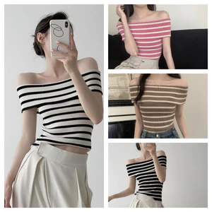 KBM Áo thun dệt kim sọc thời trang mùa hè dành cho nữ gợi cảm lệch vai ngắn tay Slim Top FSSG