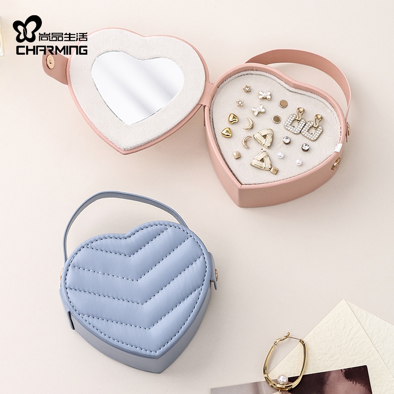 CASEGRACE Hình Trái Tim Nhỏ Hộp Trang Sức Du Lịch Hộp Đựng Trang Sức Bé Gái Hộp Mini Cho Nhẫn Bông Tai Dây Chuyền Tổ Chức Di Động Da PU Jewerly Người Tổ Chức