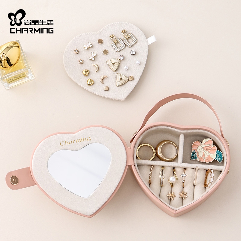 CASEGRACE Hình Trái Tim Nhỏ Hộp Trang Sức Du Lịch Hộp Đựng Trang Sức Bé Gái Hộp Mini Cho Nhẫn Bông Tai Dây Chuyền Tổ Chức Di Động Da PU Jewerly Người Tổ Chức