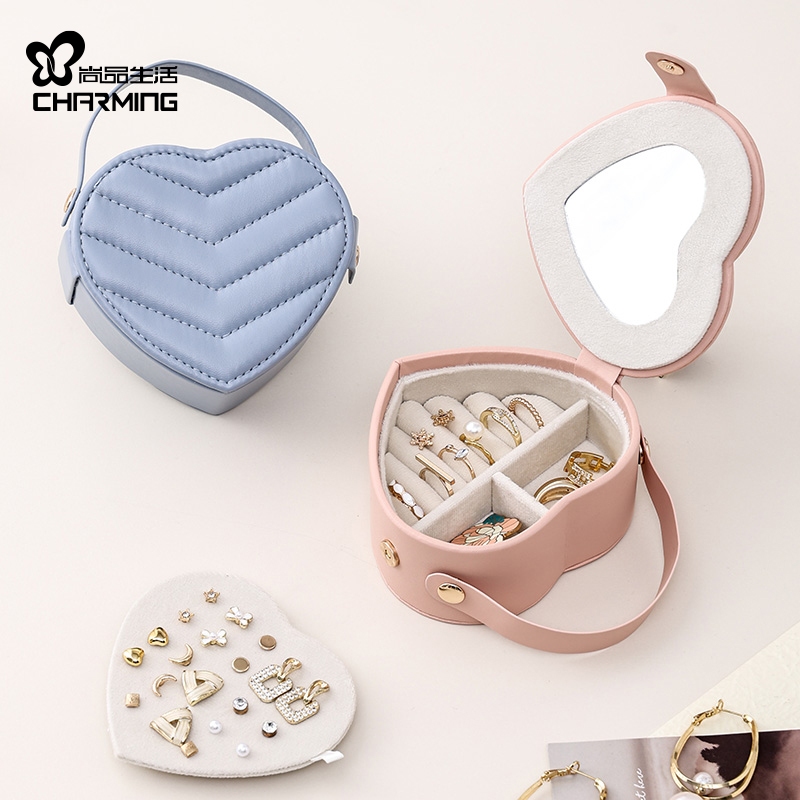CASEGRACE Hình Trái Tim Nhỏ Hộp Trang Sức Du Lịch Hộp Đựng Trang Sức Bé Gái Hộp Mini Cho Nhẫn Bông Tai Dây Chuyền Tổ Chức Di Động Da PU Jewerly Người Tổ Chức