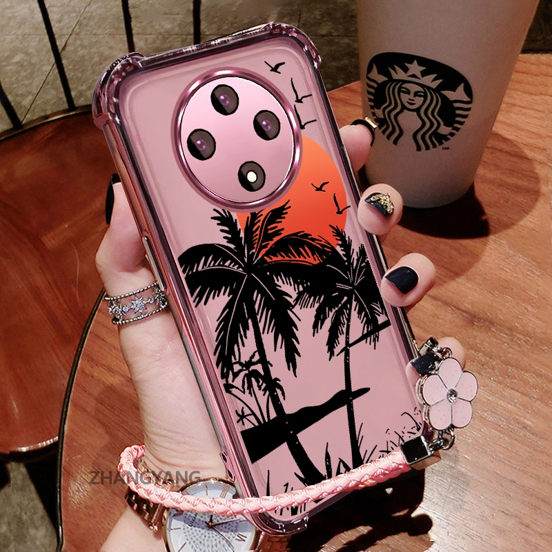 Ốp Lưng Cho OPPO reno 12F 5G Mạ Điện Trong Suốt Bốn Góc Chống Sốc Ốp Lưng Điện Thoại Thẩm Mỹ Cây Dừa Họa Tiết TPU Mềm Miễn Phí Dây Buộc