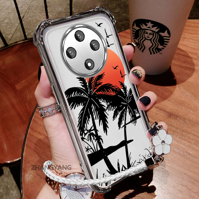Ốp Lưng Cho OPPO reno 12F 5G Mạ Điện Trong Suốt Bốn Góc Chống Sốc Ốp Lưng Điện Thoại Thẩm Mỹ Cây Dừa Họa Tiết TPU Mềm Miễn Phí Dây Buộc