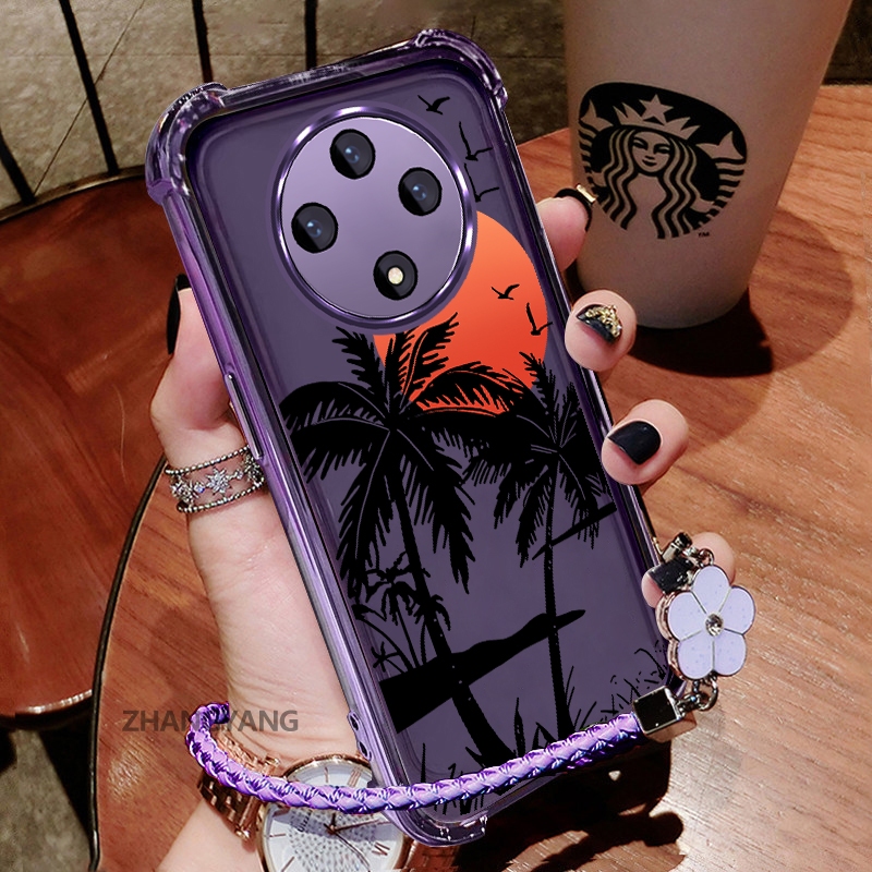 Ốp Lưng Cho OPPO reno 12F 5G Mạ Điện Trong Suốt Bốn Góc Chống Sốc Ốp Lưng Điện Thoại Thẩm Mỹ Cây Dừa Họa Tiết TPU Mềm Miễn Phí Dây Buộc