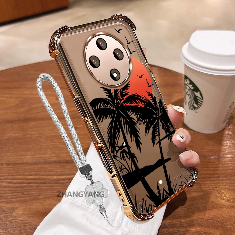 Ốp Lưng Cho OPPO reno 12F 5G Mạ Điện Trong Suốt Bốn Góc Chống Sốc Ốp Lưng Điện Thoại Thẩm Mỹ Cây Dừa Họa Tiết TPU Mềm Miễn Phí Dây Buộc