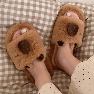 Xixitiao Thu Đông Ấm Áp Đế Mềm Hoạt Hình Dễ Thương Kapibara Flat Cotton Dép Nữ