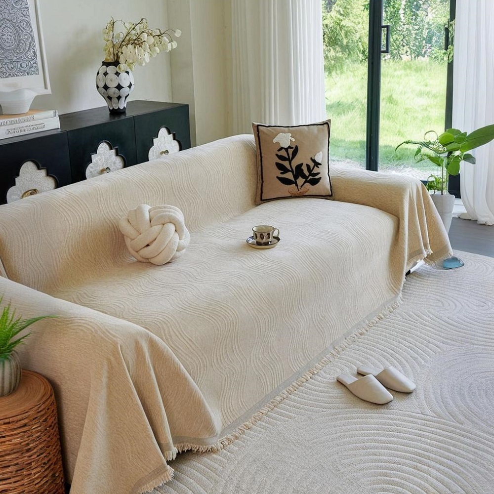 Vỏ Bọc Ghế Sofa Vải Nhung Jacquard Đơn Giản Hiện Đại Màu Trơn, Vỏ Bọc Một Mảnh Chống Trượt Đa Năng Cho Ghế Sofa, Vỏ Bọc Bảo Vệ Động Vật Hình Gợn Sóng Nước Đa Năng