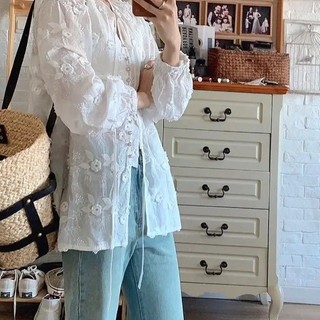Hàn Quốc Nữ Thời Trang retro Dài Tay Cổ Tròn Cổ Tròn Ren Áo Sơ Mi Trắng